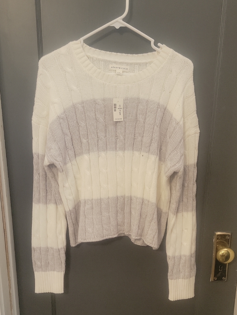 Aeropostale Women's White and Light Gray Striped Cable Knit Crew Sweater